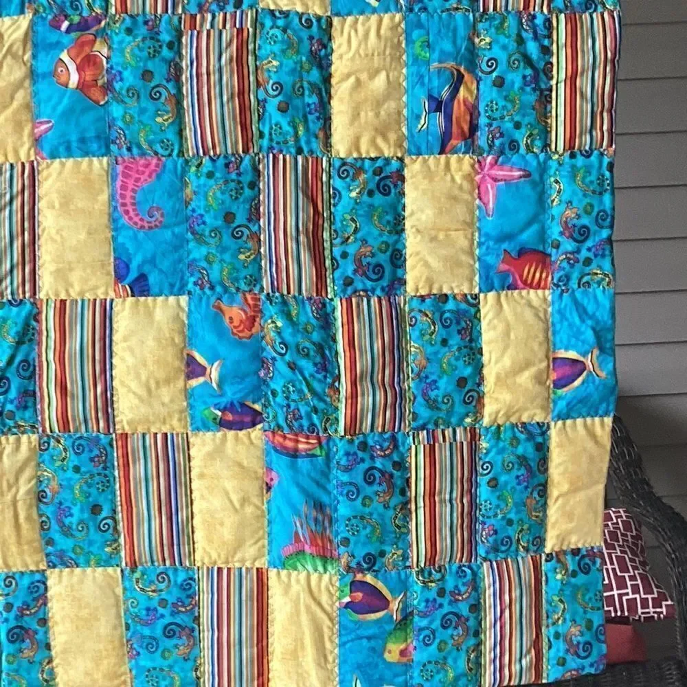 Hand Crafted Brights Fish and Reptile Children’s Quilt